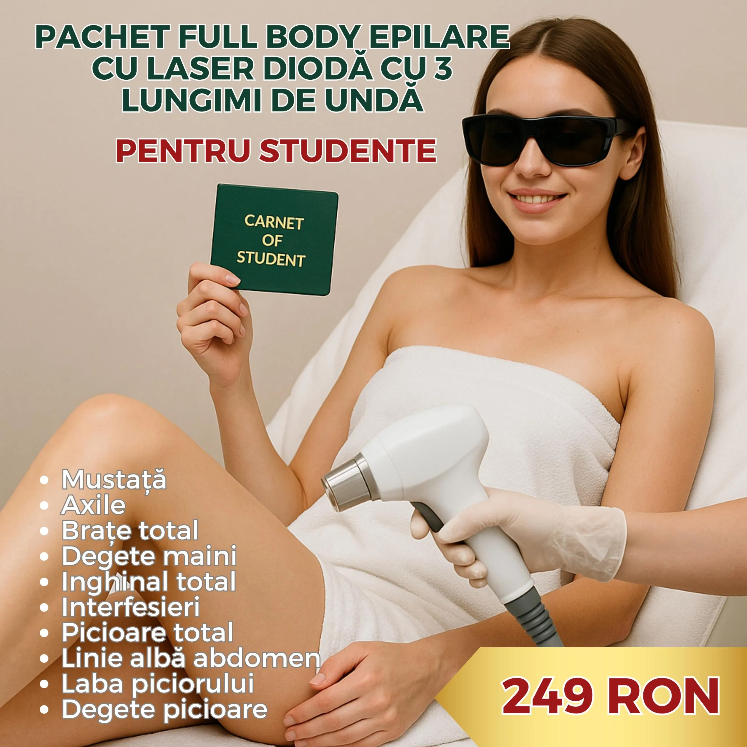 🎓 Oferta Pentru Studente: Pachet Full Body epilare cu laser dioda cu 3 lungimi de unda