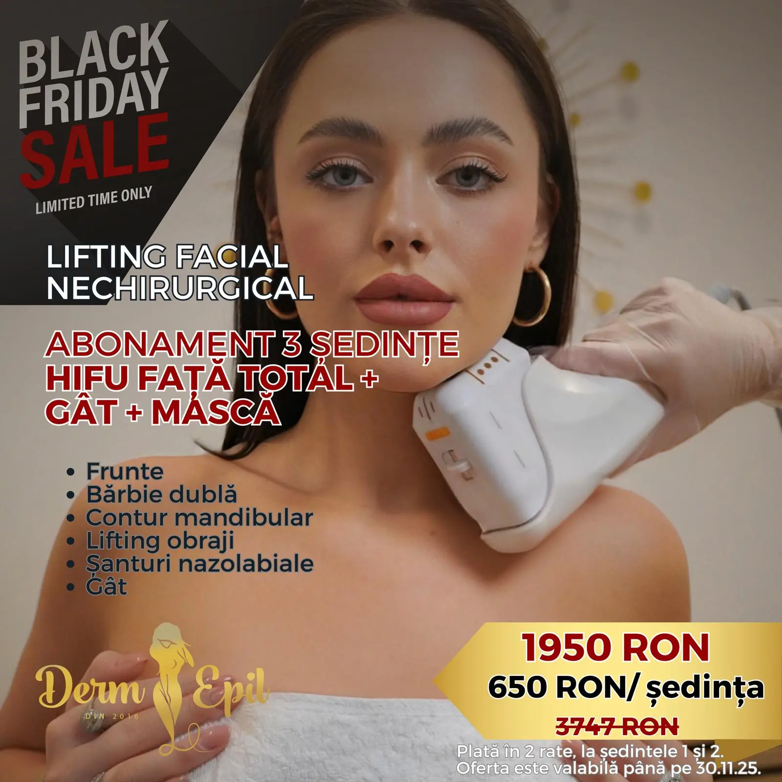 Black Friday Abonament 3 ședințe HIFU Față total+gât+mască